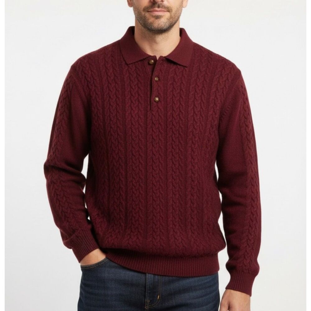 Oscar Jacobson Mens Wine Wool Cable Knit Wind Stopper Collared Golf Sweater Sz L